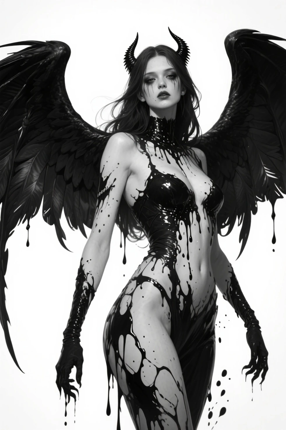 bs, solo, simple background, monochrome, upper body, greyscale, bodysuit, black background, 1other, monster, arms at sides, horror (theme) there is a large-breasted woman in the picture with her arms torn off and her face bleeding, ravens flying in the background