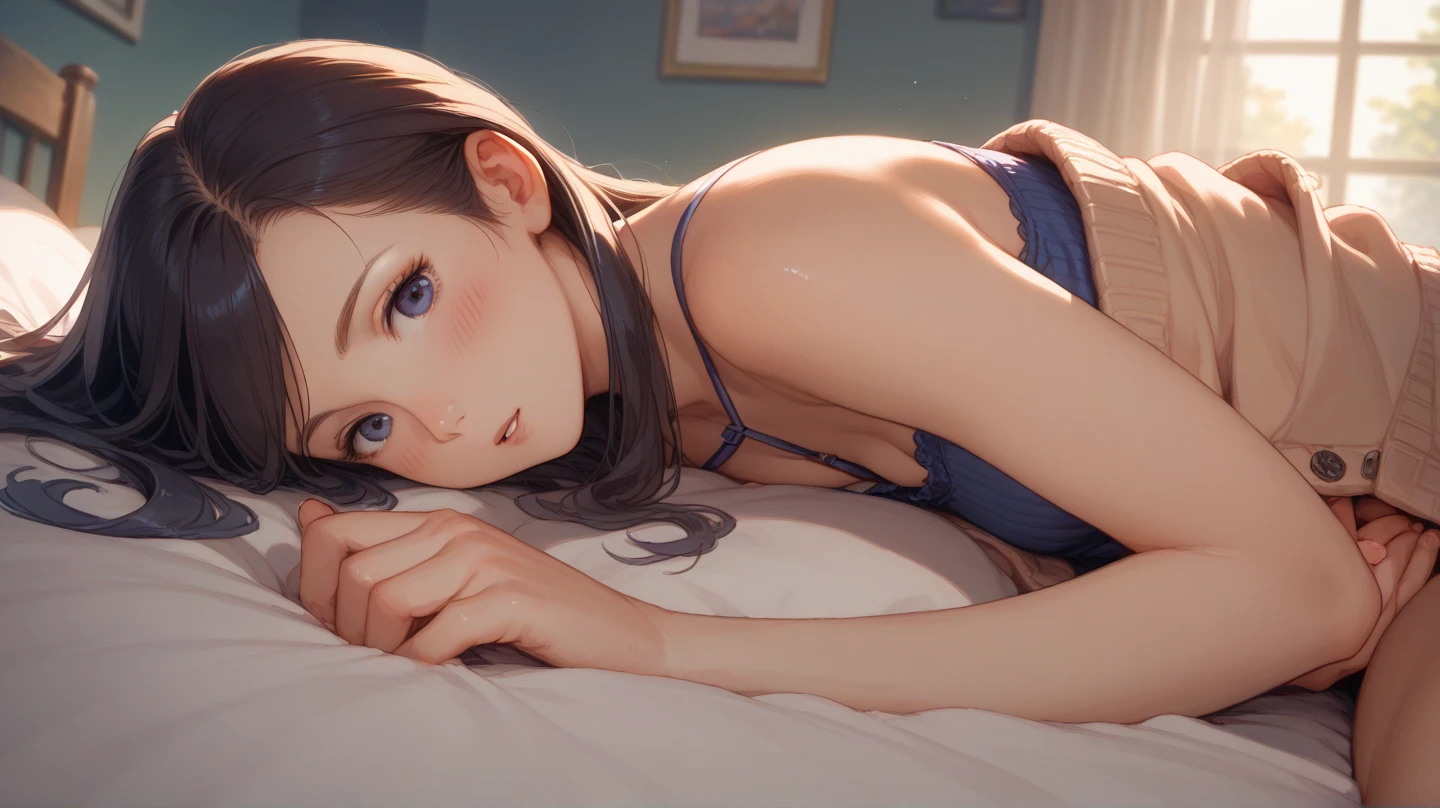 (absurderes、Absolute resolution、incredibly absurdness、hight resolution、ultra-detailliert:1.0、Official art)、​master piece, Sharp Focus ,Delicate Beautiful Hair and Eyes and Face, Lifelike, Hyper-detailing, a matural female, Dynamic Hair, slender,pale skin, Wearing a white collard shirt, ((Wearing white panties)), natural(Colossal tits:1.2), exposed breast,Side,((The areol)),(teats),  Beautiful cute woman,(((cum on the body))),((Bukkake)),(Delicate jet-black hair),(length hair),Delicate dark blue eyes, is crying, , Frightened look,(Lying face down on the bed), Lying face down, (Hug a pillow),((profile)), Buttocks,,buttock,Angle from diagonally behind,Buttocks seen from behind