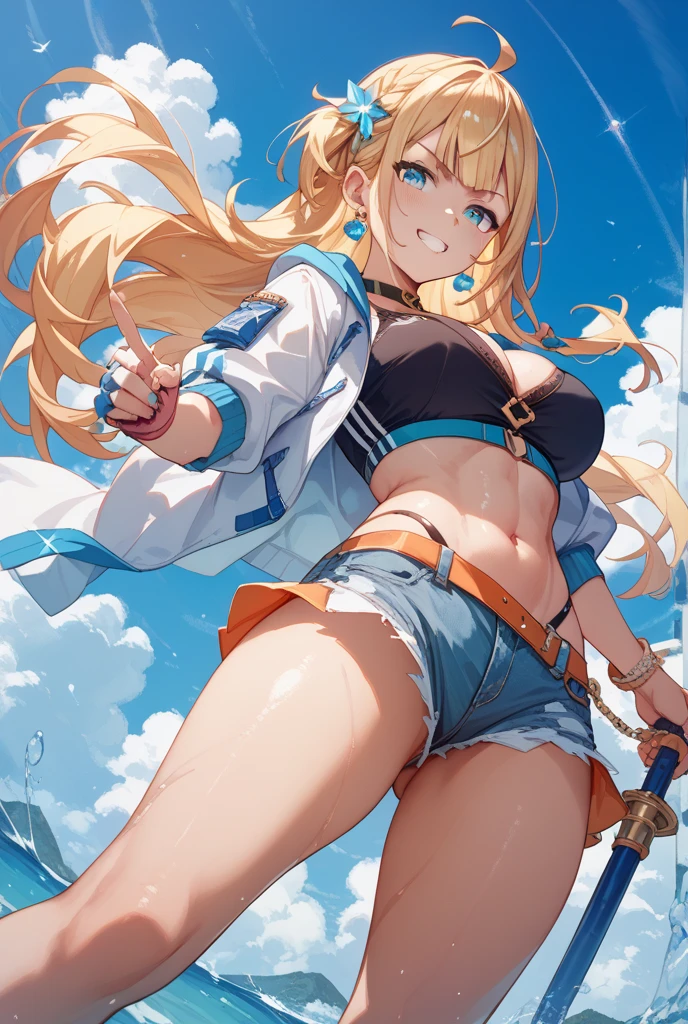 Two-dimensional character beautiful girl,blonde,blue eyes,Captain cap,shorts,,clean background,masterpiece,high quality,Anime Babe