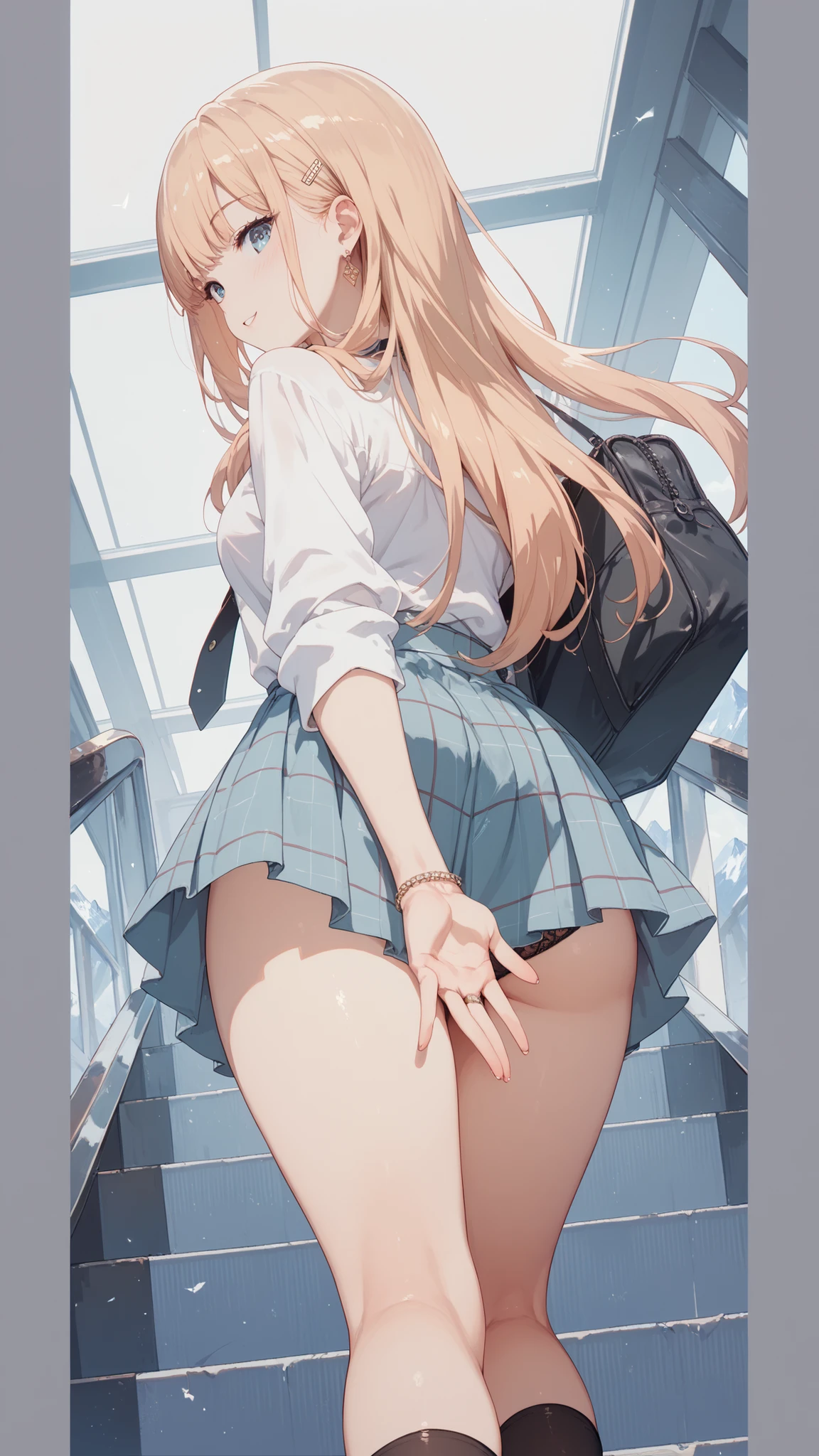 (masterpiece:1.2, Highest quality), Beautiful illustrations, (Natural Side Lighting, Cinema Lighting),
(((((From behind, Low - Angle))))), Recall, 1 girl, Japanese, high school girl, Perfect Face, Cute and symmetrical face, Glowing Skin,
(Long Hair:1.8, Straight hair:1.7, Blonde), Asymmetrical bangs, Purple eyes, (Large Breasts:1.1, Thick thighs),
Beautiful Hair, Beautiful Face, Beautiful attention to detail, Beautiful clavicle, Beautiful body, Beautiful breasts, Beautiful thighs, Beautiful feet,
((Light blue collared shirt, Navy pleated mini skirt, socks, Navy tie, Light brown cardigan, White knee socks)), Pink Panties,
(Beautiful views), evening, City stairs, walk, Leaning forward, Vibrator in knee socks, Climbing the stairs,
((Embarrassing, Scared, Open your mouth)), Looking up from the bottom of the stairs, looked back, The wind blew up her skirt, exposing her buttocks.,