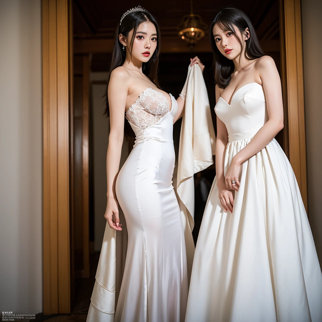 see through clothes(Full body female love:1.3)，best quality, masterpiece, ultra high resolution, (lifelike:1.4), original photo, 1 female,35 years old， black hair, big eyes, Detailed eyes and face,huge breasts，split，long legs，Belted robe open ，bare shoulder，no underwear:1.5,see through clothes，Hollow material white clothes，kitchen:1.3，Smile、sleeveless costume、((Maid clothes))、((She is carrying her daughter))、Extremely revealing clothing
