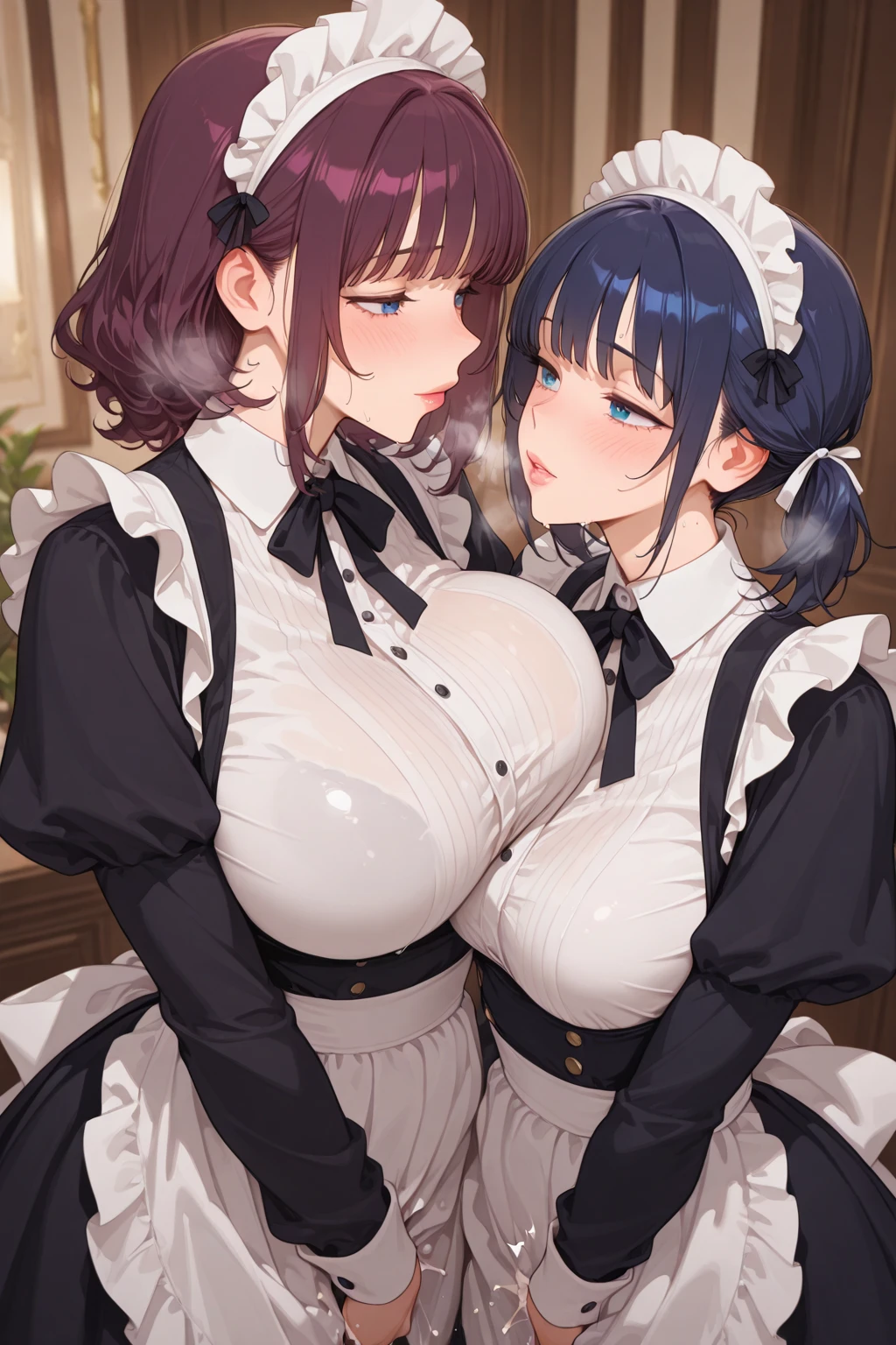(((Pixel Perfect, Perfect in every detail,nsfw,,clothes lift,large breasts,light smile,dpubic hair,alon,solo focus,clothes lift,1 girl,black thigh-high socks))), alone, One girl, ((Ruka Sarashina)), Blue Ribbon, big , (Steampunk Maid), View your viewers, In the room, sitting,spread legs