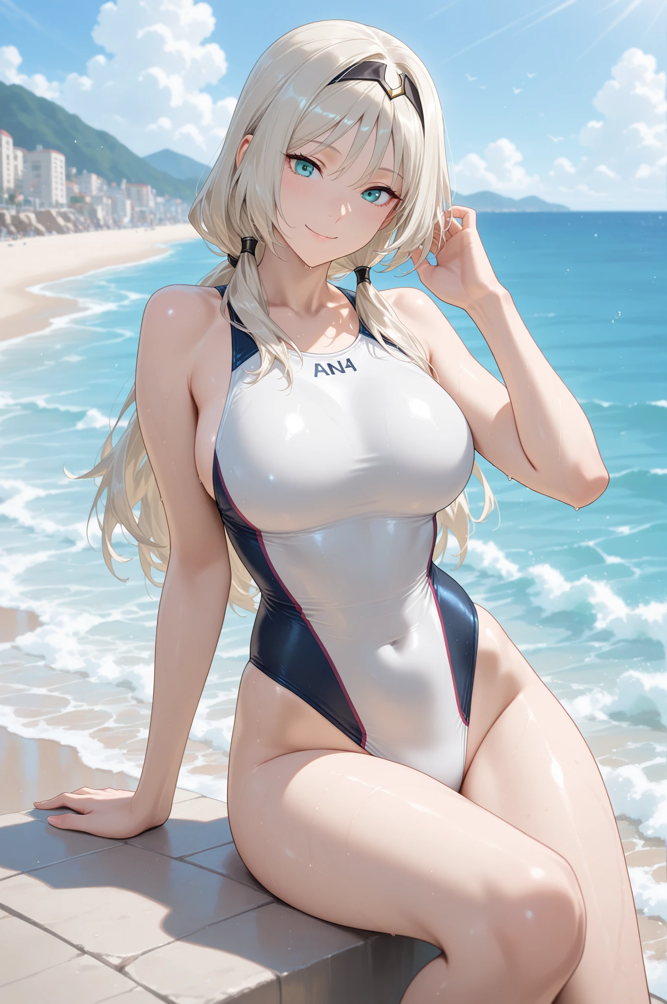 ((32k)), ((best quality)), ((ultra high res)), ((HDR)), ((UHD)), ((extremely detailed CG)), ((unity 32k wallpaper)), (1girl), ((14 years old)), (ideal ratio body proportions), very long hair, looking at viewer, blush, embarrassed, bangs, ((cleavage)), (((white competition swimsuit))), ((medium breasts)), closed mouth, ((white hair)), grey eyes, sitting, (morning), ((from front)), ((from below)), (nsfw), (Spread your legs wide), (knees up), sea side, wet body, wet hair, (blindfold),