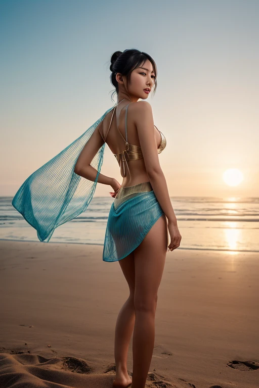 A full-length Thai girl, adorned in traditional Chinese Phuket painting attire, gracefully poses on the sandy beach. Her intricately designed silk robes flow gently in the wind, revealing her slender figure and detailed muscles. Her long, dark hair cascades down her back, blending seamlessly with the sandy shore. Her almond-shaped eyes, framed by delicate eyeliner, gaze introspectively into the distance. The beach scene is beautifully captured in high definition, with the sun setting behind her, casting a warm, golden glow over her flawless, blemish-free skin. In her hands, she holds a fan adorned with intricate gold