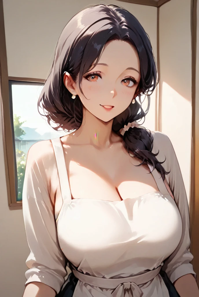 Female 26 years old,housewife,Sunlight,Smile,put on lipstick,light brown short curly hair,Tie a ponytail on the left side,Slightly plump,half moon earrings,Close-up photo of face,Home apron,Huge Breasts,There is a mole at the corner of the mouth