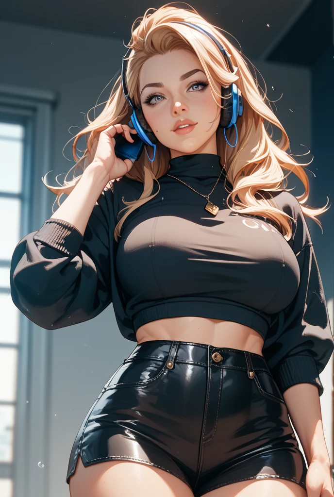 ((realistic face, smiling, young look)), (black cropped hoodie, blue jeans), (huge breasts), (grey long hair), (20 years), (1 girl), (4k style)