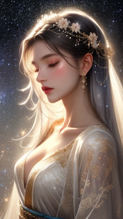 (Masterpiece, Best quality: 1.4), A breathtakingly beautiful Pretty Asian bride is depicted in this intricately detailed image. Her long, flowing hair, cascading down her back, is adorned with exquisitely designed jewelry, including earrings that grace her ears and a necklace that elegantly frames her neck. A majestic crown sits atop her head, adorned with delicate white crystallines, which frame her delicate face. A single tear trails down her cheek as she gazes upwards, her gaze filled with a mixture of emotions. A halo casts a soft, ethereal glow around her head, enhancing her divinity. The large, ample