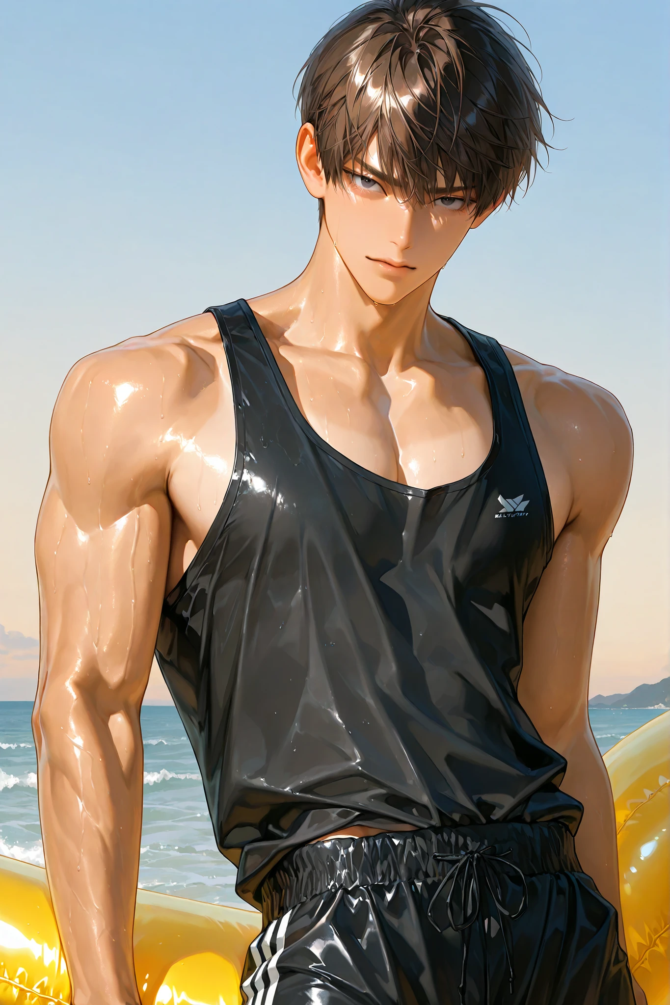 A man washes himself with a hose, , Shirtless :: High Detail, Cool anime poses, Ikushima Naoki, muscular!!, Clean and detailed anime art, Smooth anime CG art,  The style of Hajime Isayama, Detailed digital animation art