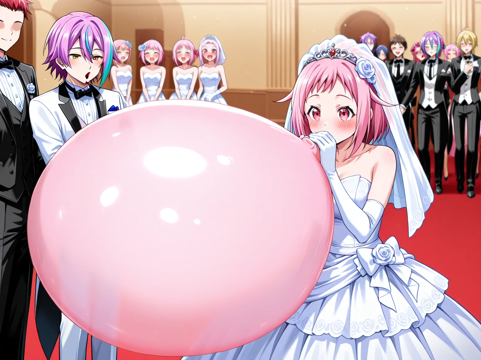 (Masterpiece:1.0), (Best Quality:1.0), (sharpest focus:1.0), (Ultra-realistic Photo:1.0), (Ultra-precise Photo:1.0), (Depth of field:1.0), (super fine:1.0), (16k:1.0), (incredibly absurdres:1.0), (extremely detailed:1.0),
(delicate and dynamic:1.0), (beautiful face and eye:1.0), (perfect anatomy:1.2), (anime style:1.2), (glossy pink lips:1.0), (2 large women:1.3), (2 small girls:1.3), (happy smiling:1.2), (hair up in chignon:1.3),
(middle-aged lesbian couple with 2 young daughters:1.0), (lesbian wedding:1.3), (large number of female guests:1.2), (very ornate, lavish, colorful, palatial venue:1.2), (excessive amount of lacy dresses:1.3),
(Wedding tiara:1.2), (see-through very long wedding veil:1.2), (excessive amount of jeweled, flashy accessories:1.3),