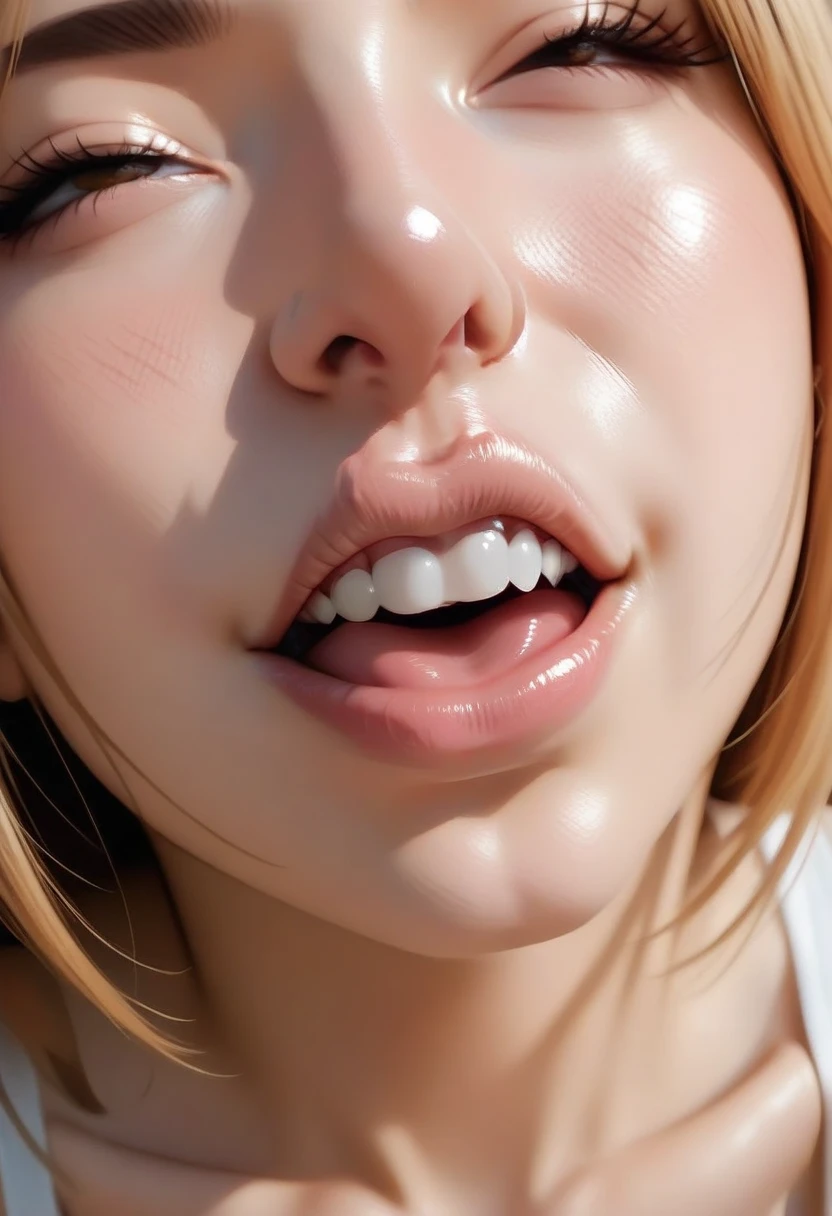 High resolution, Ultra-detailed, giant blonde woman with an extended tongue, open big mouth, Saliva dripping out, seeking another, Her large bare breasts exposed, an ahegao expression, Giantess want consume little human, tongue out with saliva. large breast naked