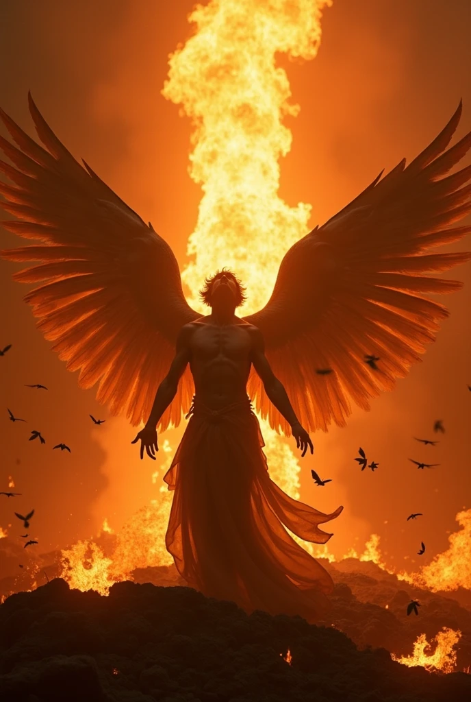 (best quality,4k,8k,highres,masterpiece:1.2),ultra-detailed,(realistic,photorealistic,photo-realistic:1.37),man with phoenix wings on his back,fire surrounding his fist,feathers,captivating expression,flaming wings spread wide,Fiery light,cinematic mood,dramatic angle,heroic stance,mythical creature,sculptural details,radiating power,celestial aura,vibrant color palette,scorching flames,epic fantasy,mythological hero,heroic mythology,combustible energy,luminous heat,dynamic movement,high-contrast lighting,archetypal figure,detailed feather texture,mythical symbolism,fiery trails,embodying strength and grace,vividly glowing embers,powerful presence,extraordinary supernatural ability,astral fire,enduring power and rebirth,fiery spirit,awe-inspiring spectacle