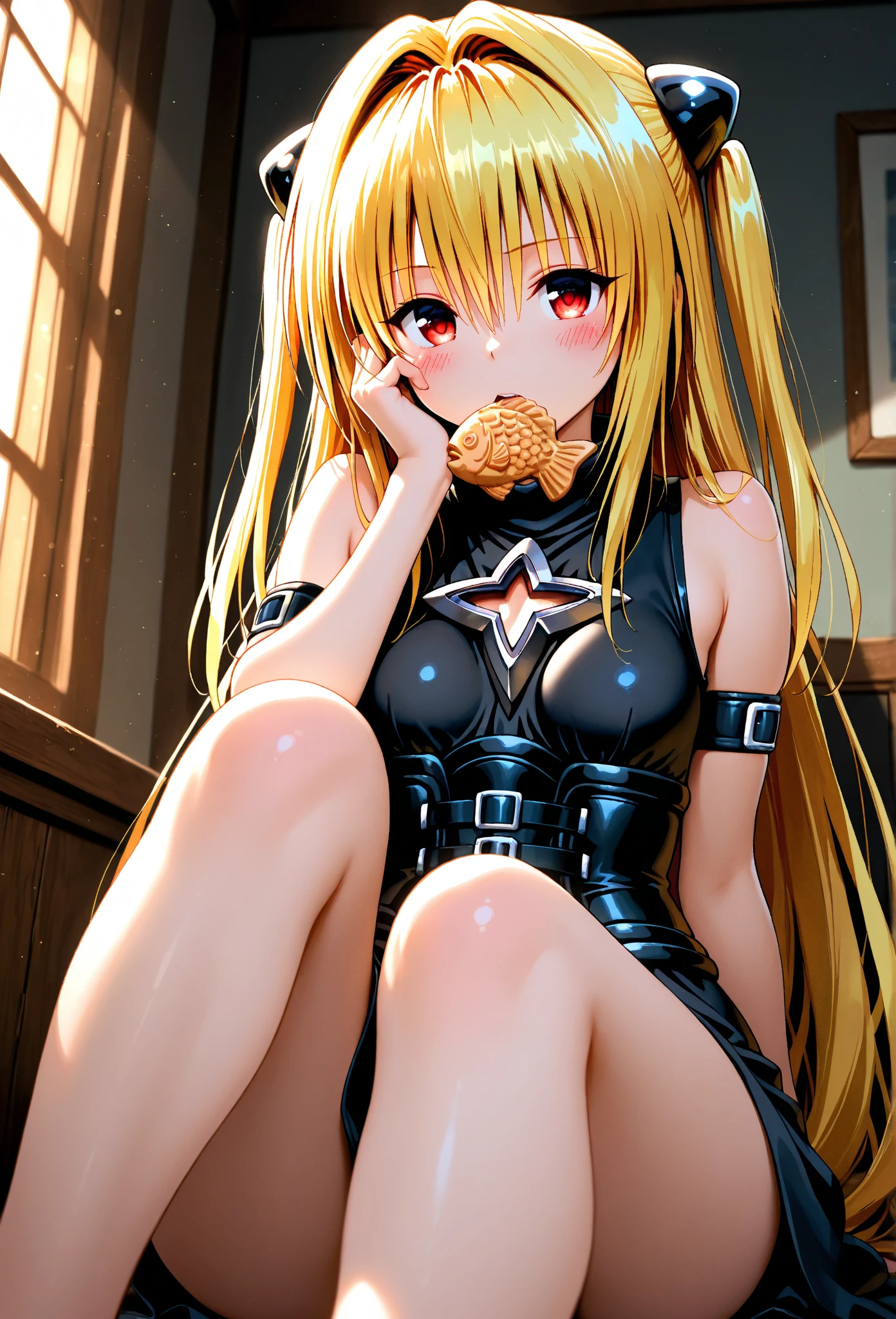 NSFW,masterpiece,highest quality,High resolution,anatomically correct,Fiami,Dark-ish,Yaminor,1 girl,long hair,solo,hair ornaments,two side up,blonde hair,red eyes,small breasts,hair ornaments,removed sleeve, black dress, thigh strap,sitting,legs open,Hands raised above the head,Hands are chained,Wearing handcuffs,girl sitting,prison