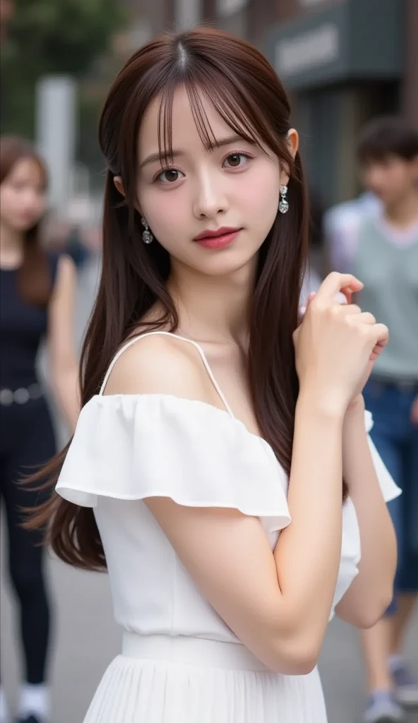 (((best quality))),(((ultra detailed))),(((masterpiece))),illustration,1girl,bun hair,(strapless  gauze Korean :1.3),collar,slim,flat ,laughing, summer night,Korean city scape, street, neon signs, beautiful, vibrant, detailed  features,medium hair, elegance, cultural atmosphere, bustling city,tall buildings full of colorful advertisements, reflections, lively atmosphere, street food aroma,(close-up of face:1.3)