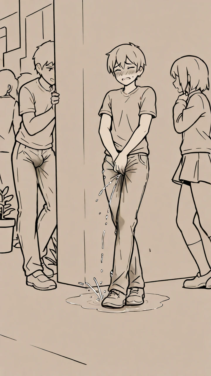 Slender, A muscular man in white briefs is holding his crotch. he is blushing. He is in the school bathroom., and、There is a puddle at his feet. The middle of his white briefs is yellow and wet.,He is wearing a school uniform,Middle school students