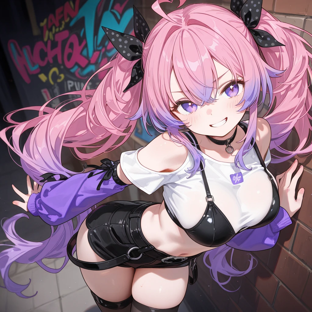 A pink haired woman with violet eyes and an hourglass figure in sexy pink dress is smiling on a stage
