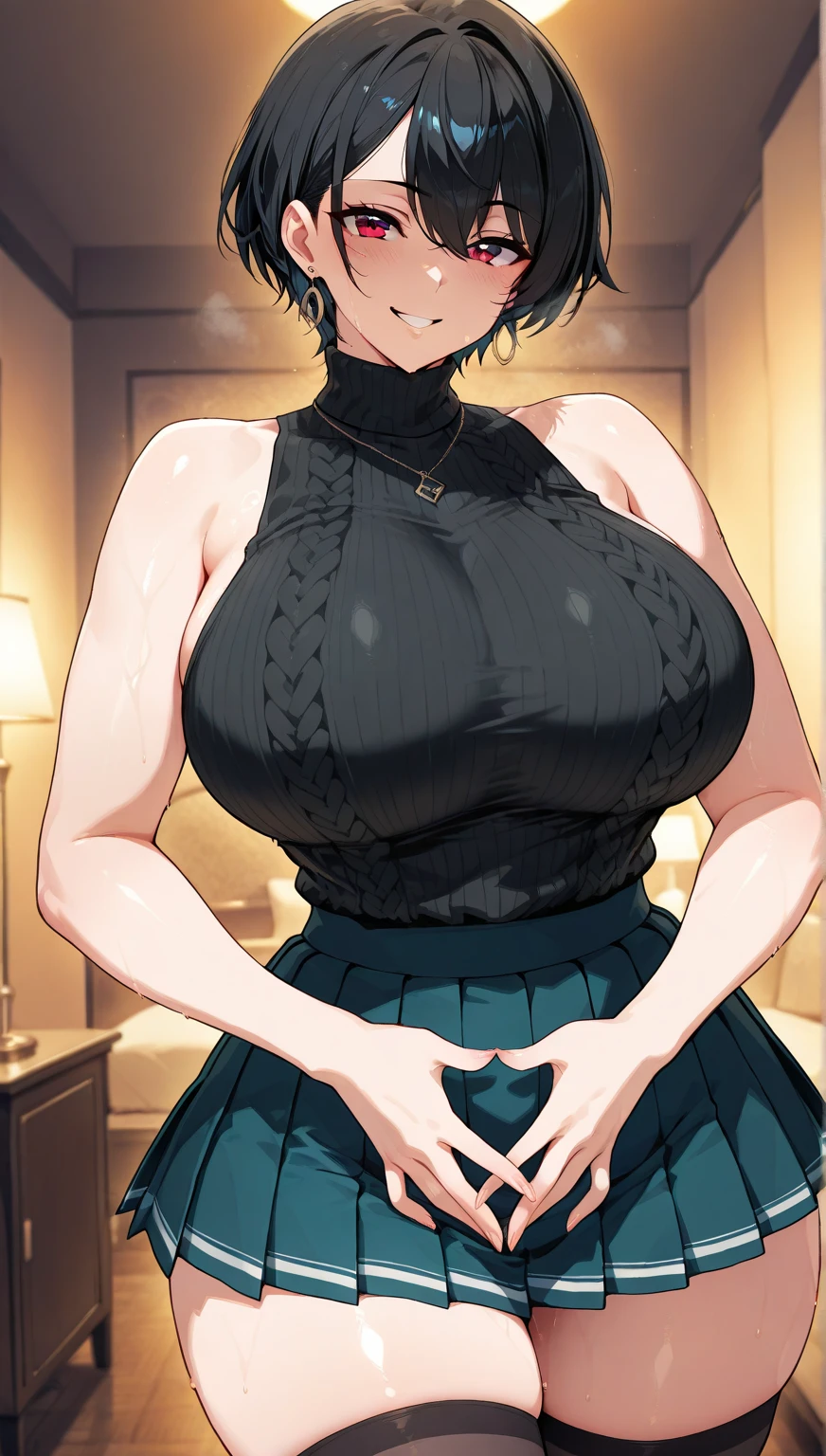 hair over one eye,aqua eyes,dark purple hair,brown hair,
(virgin killer sweater:1.28),
smile,closed mouth,
lady,mature female, cowboy shot,
(white background, simple background:1.18),
highres,official art,original,masterpiece,best quality,
(huge breasts),
<lora:Connor:0.81>