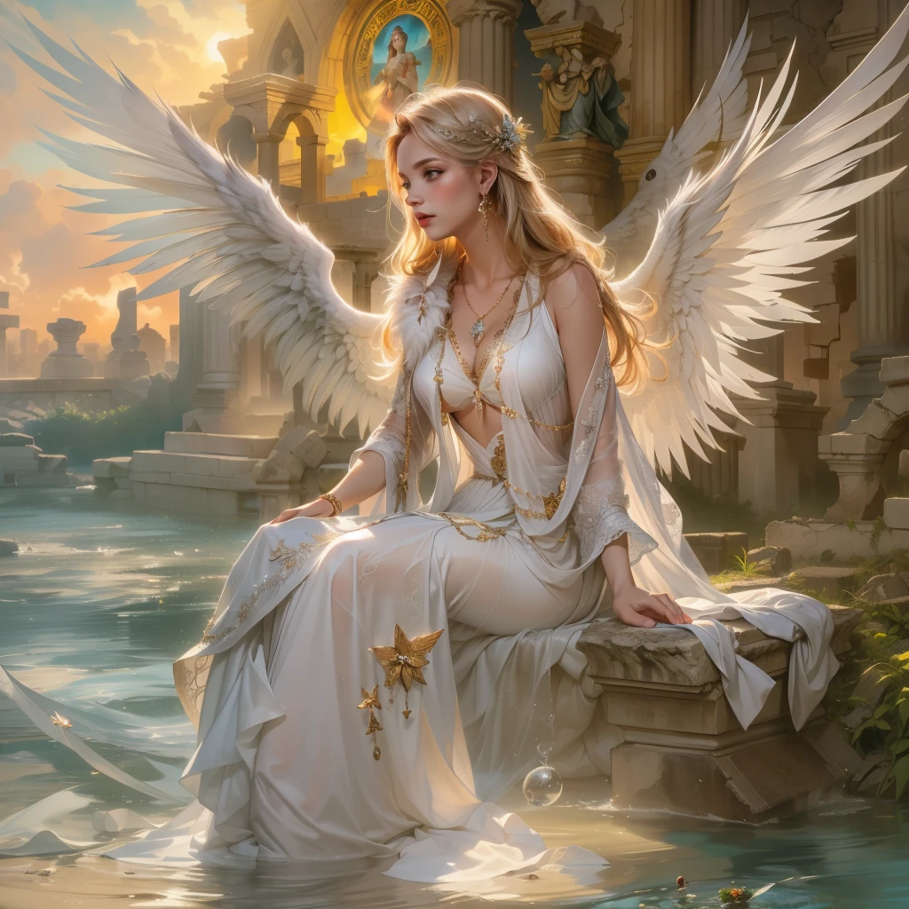 (Shinning fantasy painting, Photorealistic, High-definition, "An extraordinary pretty fairy female, sitting on a luxurious and plush bed, she exudes an ethereal allure. Her delicate and radiant features are accentuated as she dons a breathtaking fairy suit, adorned with intricate patterns and shimmering gems. Her gossamer wings, spread wide behind her, capture the very essence of fantasy. The painting boasts an incredible attention to detail, with every fiber of her wings and every thread of her suit portrayed in stunning photorealism. The high-definition image transports the viewer into a magical realm, immersing them in the beauty