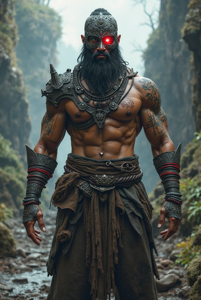 A full-body Brazilian Indian in a fighting stance with a spear in his left hand, black hair, no beard or mustache, body with parallel line tattoos, lip and ear plugs, and red, blue and yellow feathered clothing.
