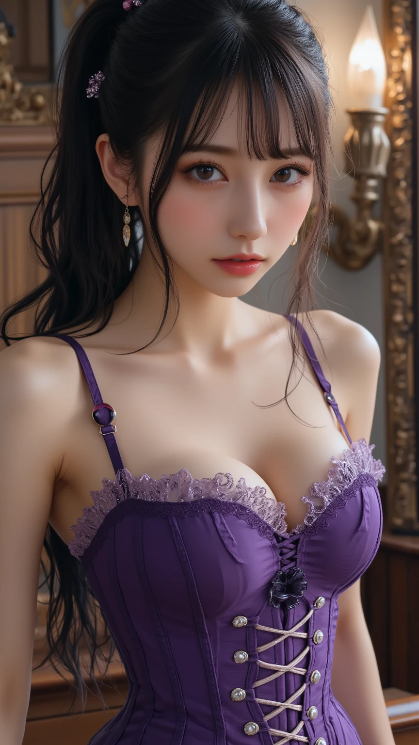 Korean,realisitic, Masterpiece, Final Details, photo realisitic, intriciate detail, Octane rendering, 8K, 1Girl, Full bodyPerfect face, beautifull face, NSWF (Nsw) (New South Wales), see trough, Detail Hair,, black bow, Translucent stockings, Blue Eyes, Blue hair, bow, 鎖骨, one-piece, drill hair, gwen, headone-piece, high resolucion, Long hair, parted lips, puffy sleeves, Purple eyes, Smile, Solo, white one-piece, Oil Skin,