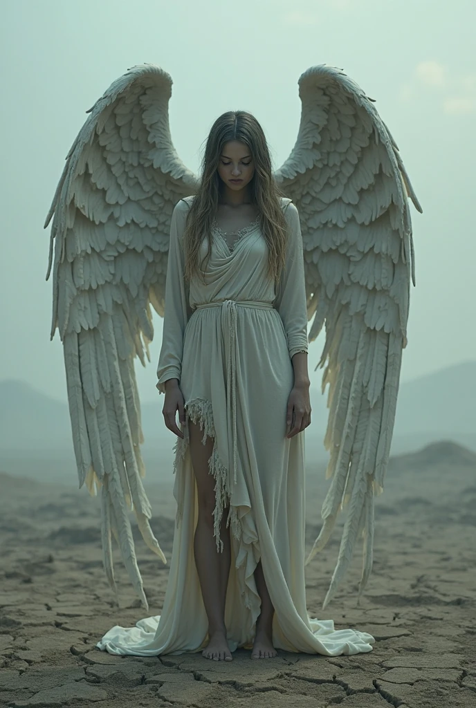 Hello, can you help me create an albino woman of heavenly beauty? She is an angel, lying on a rock in a desolate landscape, one of her large and magnificent wings is broken, her pain is noticeable, her dress is a light silk gauze tunic, thank you.