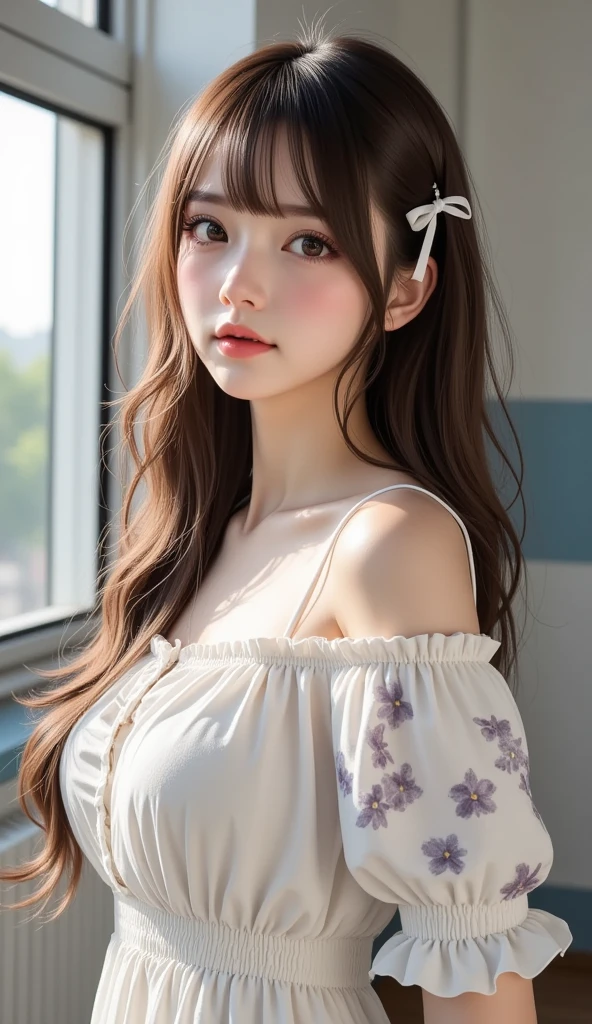 (masterpiece、Ultra-realistic、An ultra-high picture quality、超A high resolution、16k image、ultra hi definition photo、Focus sharpness、)、Adult students、a japanese beauty woman、20yr old、Super beautiful idol face、二重まぶた、Beautiful eyes、Super perfect proportions、Beautiful skin、beutiful breast、Toned waist、thin arm、Thin leg