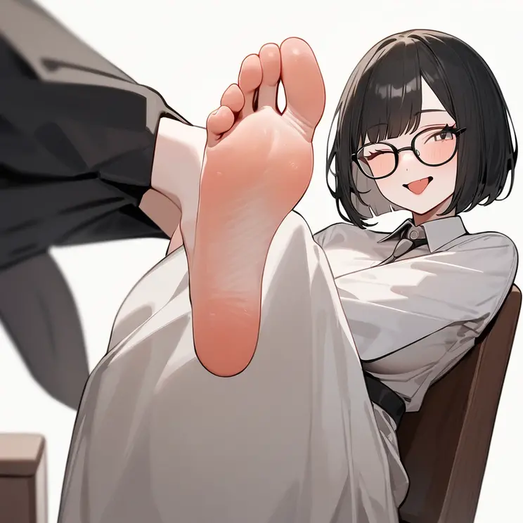 masterpiece, Highest quality, so beautiful, Absurd,
One girl, alone, Black Hair, Bobcut,
Thermont 16A, Glasses,
Collared shirt, Flared long skirt、Happy, smile, Sticking out tongue、She is sitting on a chair with the soles of her feet facing the camera、View your viewers, White Background, Simple Background,The subject's entire body is captured、NSFW、One girl, alone,