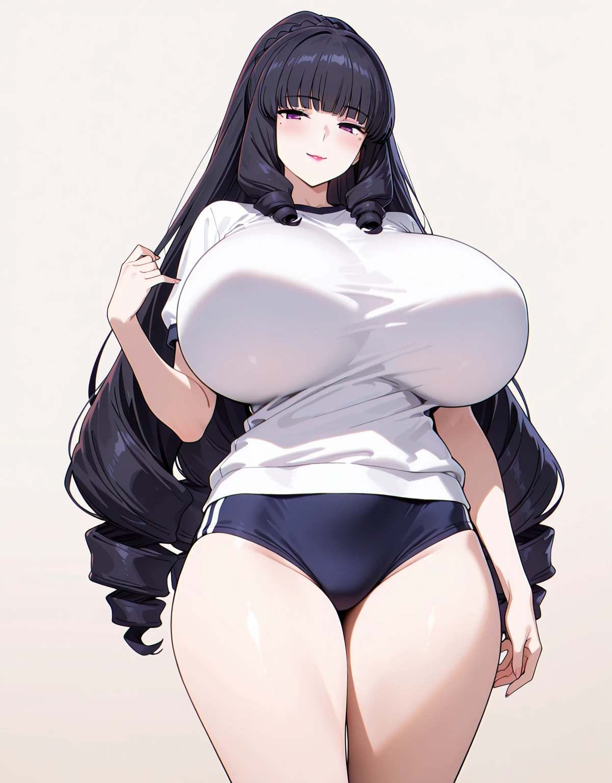 A Beautiful Cute, Extremely Thick Young Girl, with ((Long Black Hair)), (Big Beautiful Bright-Blue Eyes), (Extremely Gigantic, Incredibly Enormous, Extremely Overinflated Breasts), Enormous Thighs, and a 5.5 foot tall figure. Wearing a (Shoulder-less, White Dress, with Black Shoulder Straps), and a ((Black Skirt)). Standing in a Modern House, with a Beautiful Ocean view in the background. Big Cleavage, Cute smile, embarrassed expression,