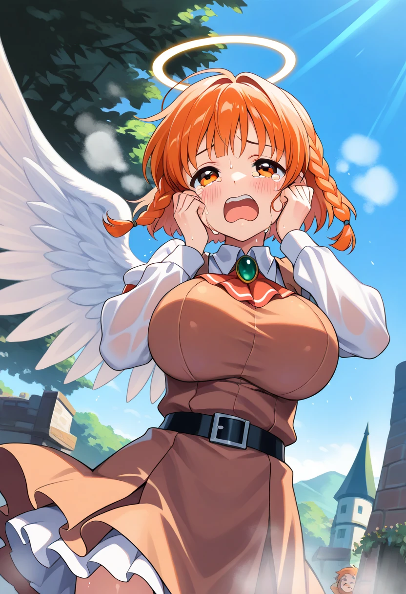 Brown hair, red eyes, sharp teeth, nude, nipples, big boobs, vagina, tight pussy, polar bear ears, butthole