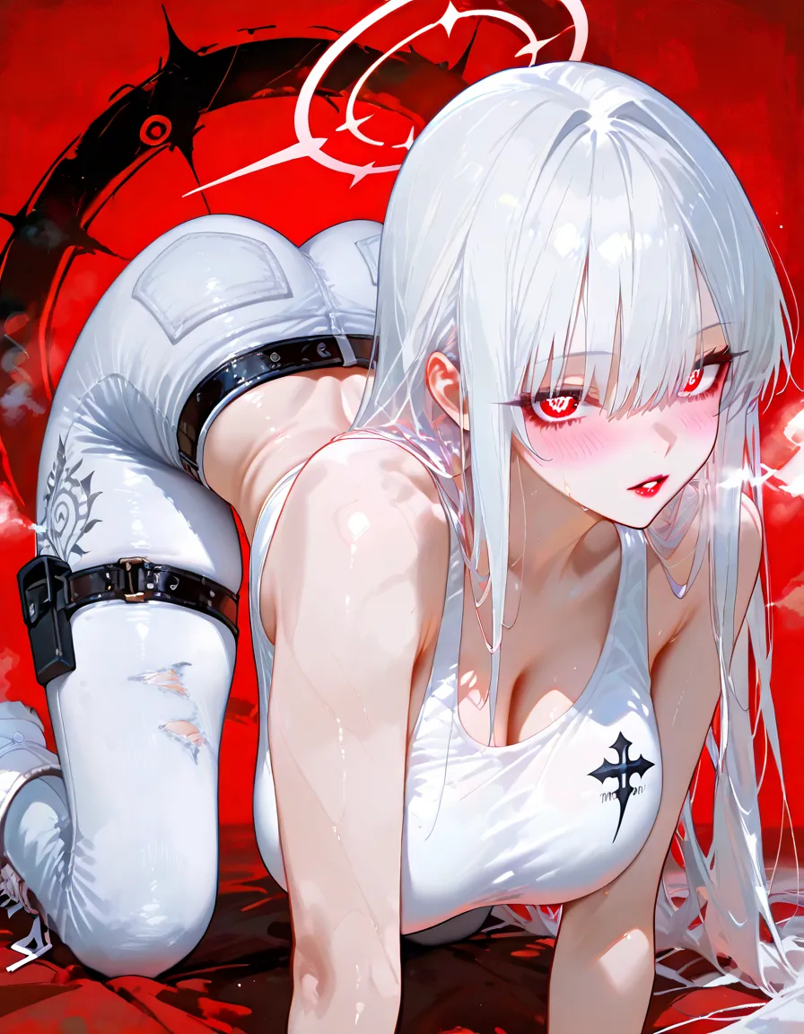 It makes a woman with short white hair white skin short clothes with chains and with black horns forward and a red crown