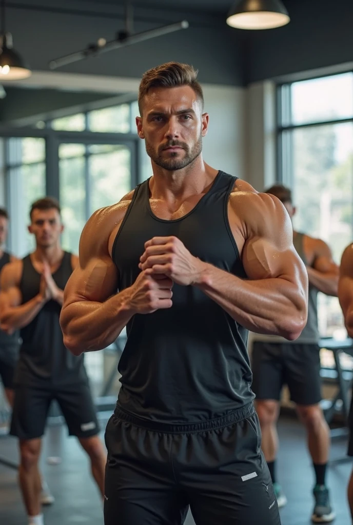 Generate an image of a 45-year-old man, shaven hair, short beard, chest with fur, wearing no shirt, navy blue shorts, black sneakers, in a gym, doing biceps exercises, along with friends.