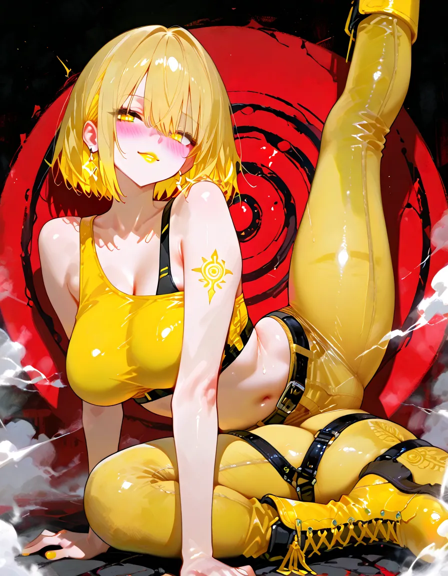 (8K, Realistic, Photorealsitic:1.5), masutepiece, Best Quality, High resolution, Extremely detailed, Detailed background, Cinematic lighting,Glass World, 1 child,flat chest,small stature(tchibi),child breaking glass ,cream eyes,Light blonde hair, (Yellow mesh)