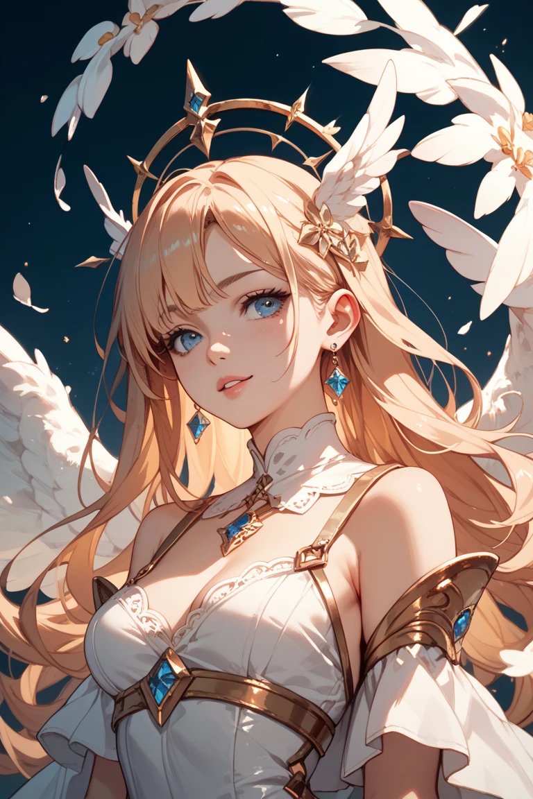 (masterpiece:1.2), best quality, (ultra-detailed:1.2), (detailed background:1.1), (beautiful detailed face:1.3), high contrast, (best illumination:1.2), (cinematic light:1.2), colorful, hyper detail, dramatic light, intricate details, (1 girl:1.1), (blond hair:1.3), (angel wings:1.2), (descending from the clouds:1.2), (dynamic angle:1.1), (flowing dress:1.2), (ethereal glow:1.2), (white feathers:1.2), (depth of field:1.1), (clouds in background:1.1), cowboy shot.