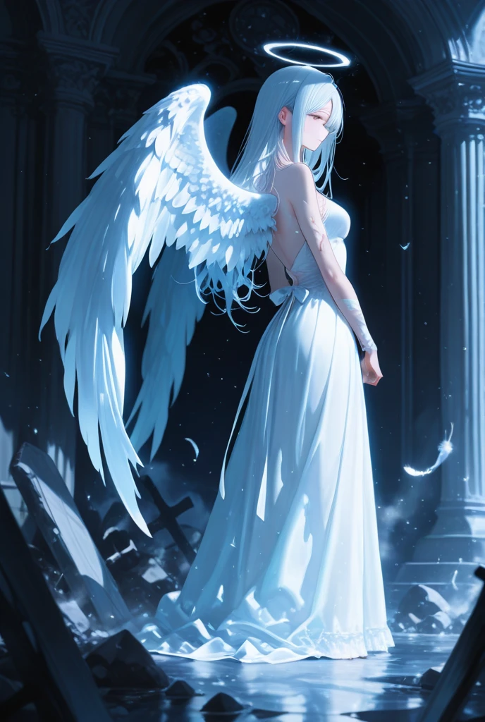 Floating in the water is a woman in a white dress, white hair floating in air, a still of an ethereal, she is floating in the air, elven angel meditating in space, floating drowned, ethereal wings, elegant floating pose, water fairy, floating in perfume, dramatic magic floating pose, magical fairy floating in space, dramatic floating pose, female floating,Delicate face - cute