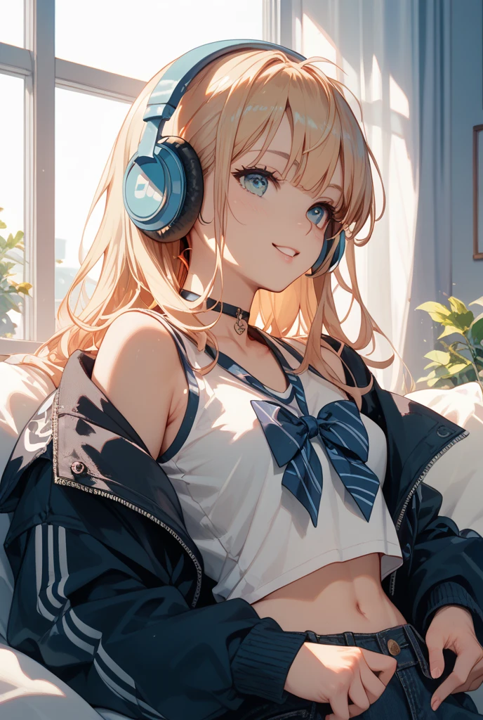 Girl with headphones enjoying music in a cafe I am studying Emphasize a little bit of the chest