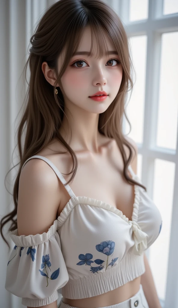 masterpiece, 1 beautiful girl, Delicate eyes, Purebred face_v1, Top quality, Ultra high resolution, (Reality: 1.4), Japanese, Korean, very beautiful, Beautiful skin, slim,Very sexy, (超Reality), (high resolution), (8K), (Very detailed), Delicate face, Bright Lights, Professional lighting, Looking at the audience, Face straight ahead, White bare back see-through antique style dress,big nipples, reddish brown hair, long hair, long hair與辮子, Bangs,Double bun,hair accessories。