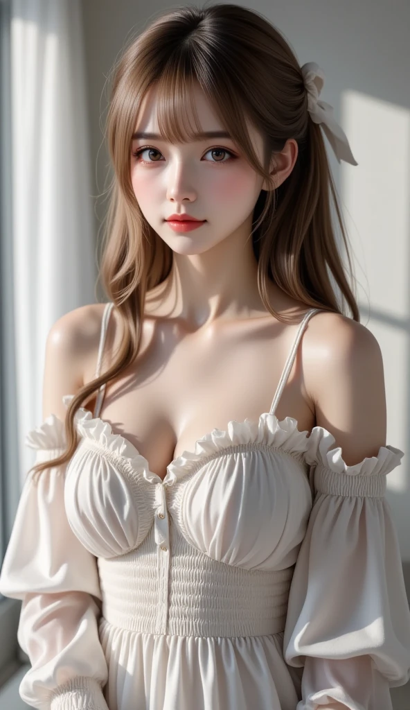 ((Best quality, 8k, Masterpiece :1.3)), 1girl, Pretty woman with emphasizing slender abs :1.3, (random hairstyles, medium breasts :1.2), strap blouse:1.2, Indoor, Ultra-detailed face, Detailed eyes, Double eyelid