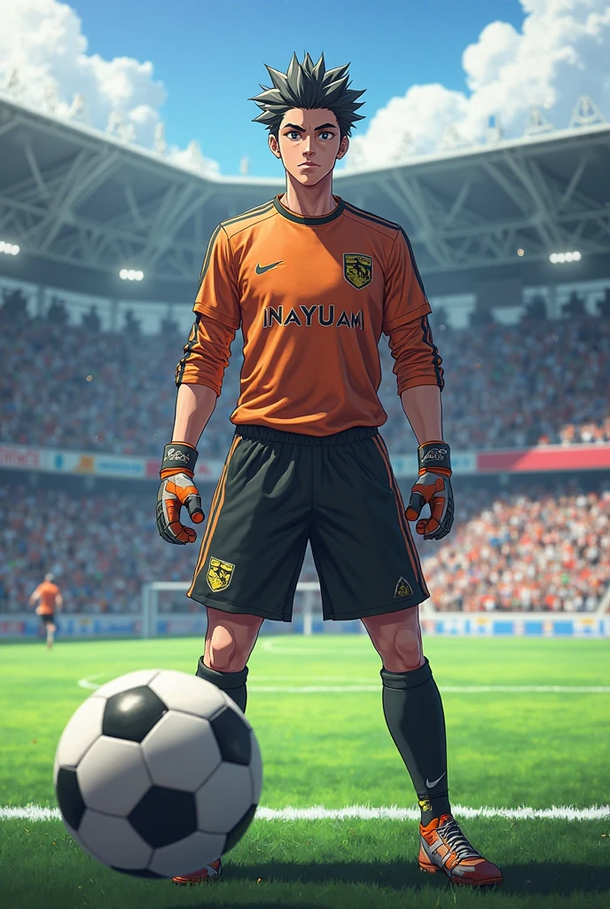 Goalkeeper wearing orange uniform celebrating victory