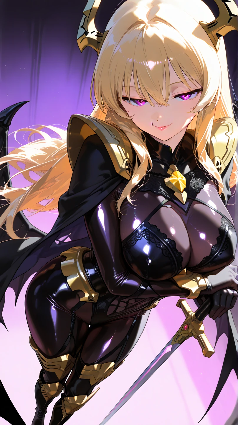 ((Highest quality)), ((masterpiece)), (detailed), （Perfect Face）、The woman is Tearju, a female dark knight with green eyes and medium-long blonde hair. She is wearing shiny black armor with gold decorations, a dark knight helmet, and a black cloak.々He has a great dark sword.、The woman is a female dark knight who serves the Demon King.