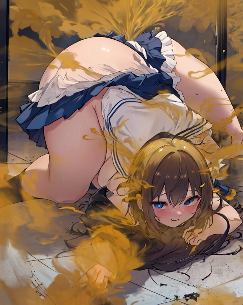 1 girl, Little girl, (loli), (Loli with a very young face), (flat chest), (13-year-old), (beautiful slender body), long hair, Black hair, blue eyes, (((blue dress))), (Sleeveless dress), (Short dress), (blue white panties), ((((horizontal striped panties)))), massive ass, Turn around and look back, embarrassed, blushing, shy face, fart, onara, fart, farting, big fart, Fart from the ass, Yellow smoke, Yellow smoke is rising, ((room full of yellow smoke)), Japanese tatami room