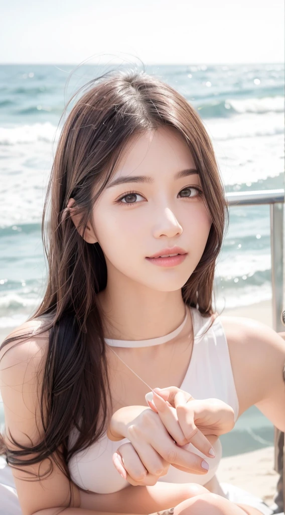 Beach,resort,white bikini,Close up face,One woman,masutepiece, The highest image quality, High quality, the background is clear,Beautiful woman, Japanese, Detailed, Detailed eyes, Detailed skin, Beautiful skin, 超hight resolution, (reality: 1.4),Very beautiful woman, Slightly younger face, Beautiful skin, slender, (Ultra photo realsisim), (hight resolution), (8K), (Very detailed) (beautifully detailed eyes), (super detailed), (Detailed face), view the viewer, Fine details, Detailed face, Staring straight ahead, Staring straight ahead, photos realistic, Bright lighting, Professional Lighting, Black hair,poneyTail,a baby face,fifteen years old,Hairstyle: ponytail,Long ponytail hairstyle,slight smile,neat and tidy clothing,Beautiful Japanese KPOP idol photo, hair style is ponytail, my eyes are double and wide, baby face, smile and look straight ahead, slender, small breasts,Close up face,