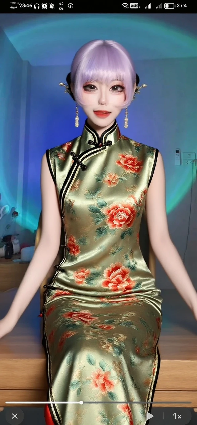 ((Night view, realistic light, best quality, 8k, masterpiece: 1.3)), 1girl, beautiful woman with slim figure, brown hair, wearing emerald green cheongsam, embroidered, sleeveless, sexy, split end, long legs, sofa, super detailed face, detailed eyes, double eyelids