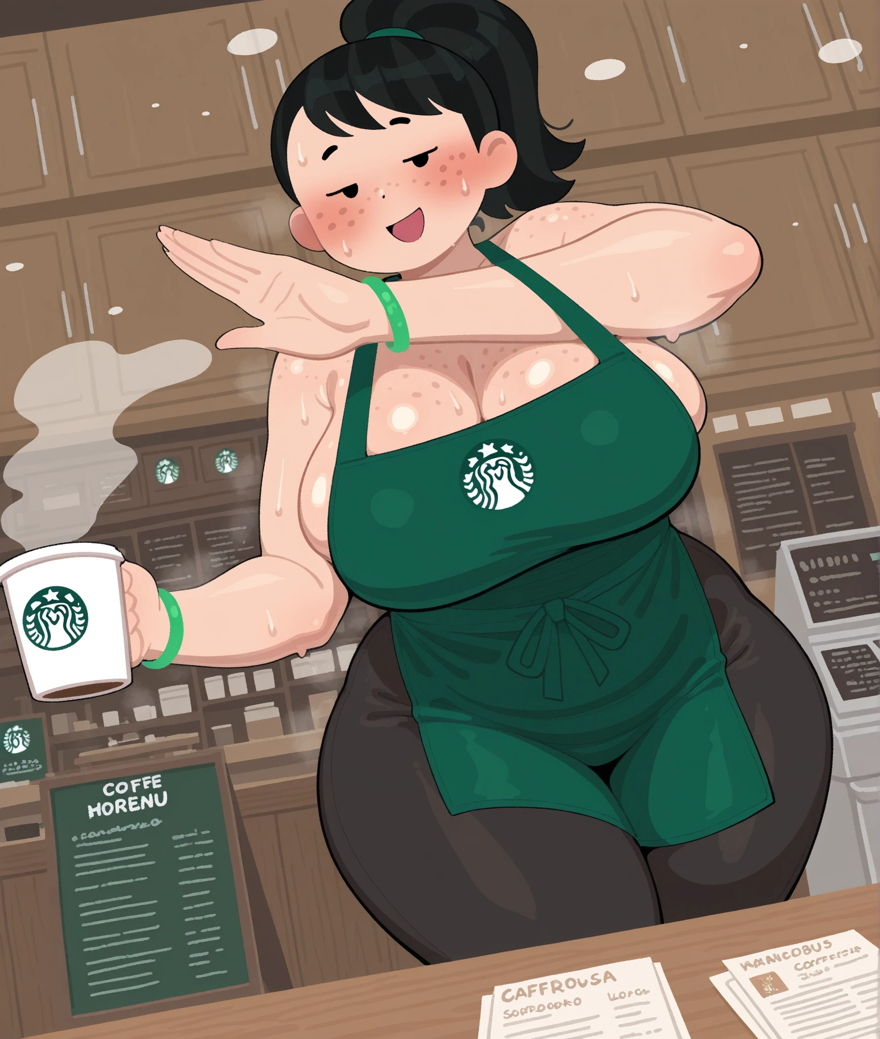 Chubby japanese sexy mature woman (50 years old), long straight black hair, rounded eyeglasses, black blouse and blue jeans, standing up in the starbucks, talking with two men, smiley expression