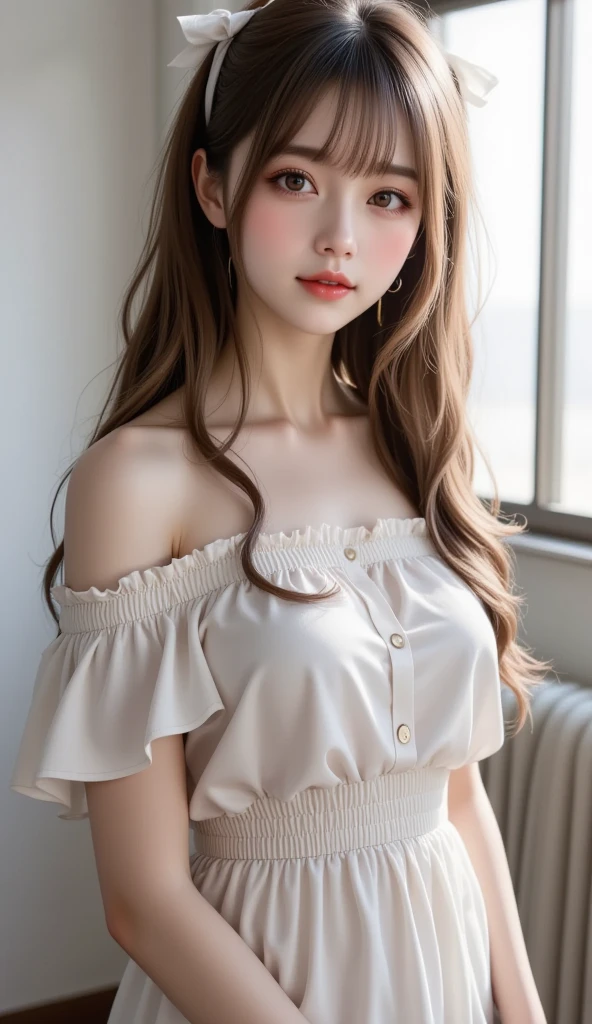 RAW photogr,18 year old sexy model, Cute young girl, messy hair,Smiled shyly, curlies, golden hair, Campus style, White off-shoulder one-shoulder shirt, a black pleated skirt, Lie down, Lie down in bed, Lift the skirt, posing elegantly, posed for photo, Surprising detail,The is very detailed, Smooth skin, a warm color palette, best qualtiy, The is very detailed, the detail