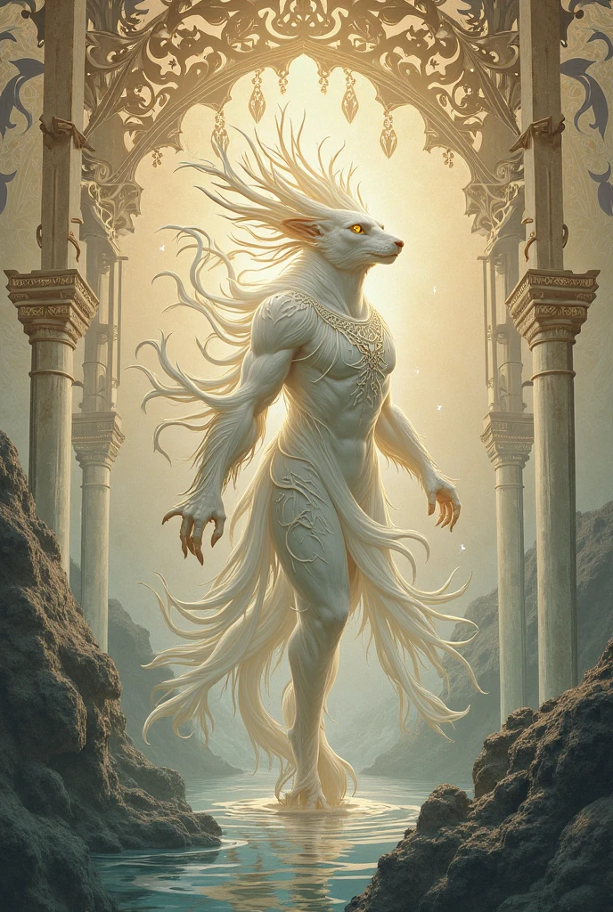 Game artwork, refined art, masterpiece, ((solo)), anthro, male deer, expressive, good anatomy, attractive, toned body, wizard, jrpg design, standing, white body, long white hair, detailed eyes, majestic, dark purple eyes, topless