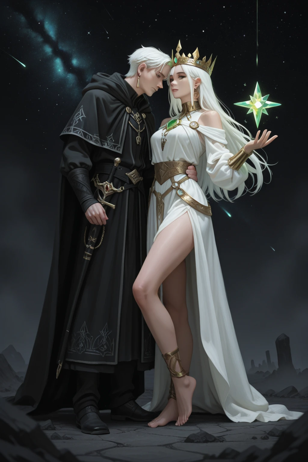 a beautiful mystical elfa sorceress, modest, wearing an old dark hooded cloak, white hair, deep dark eyes, tan skin, brave warrior, ambitious, not very friendly, nude sex