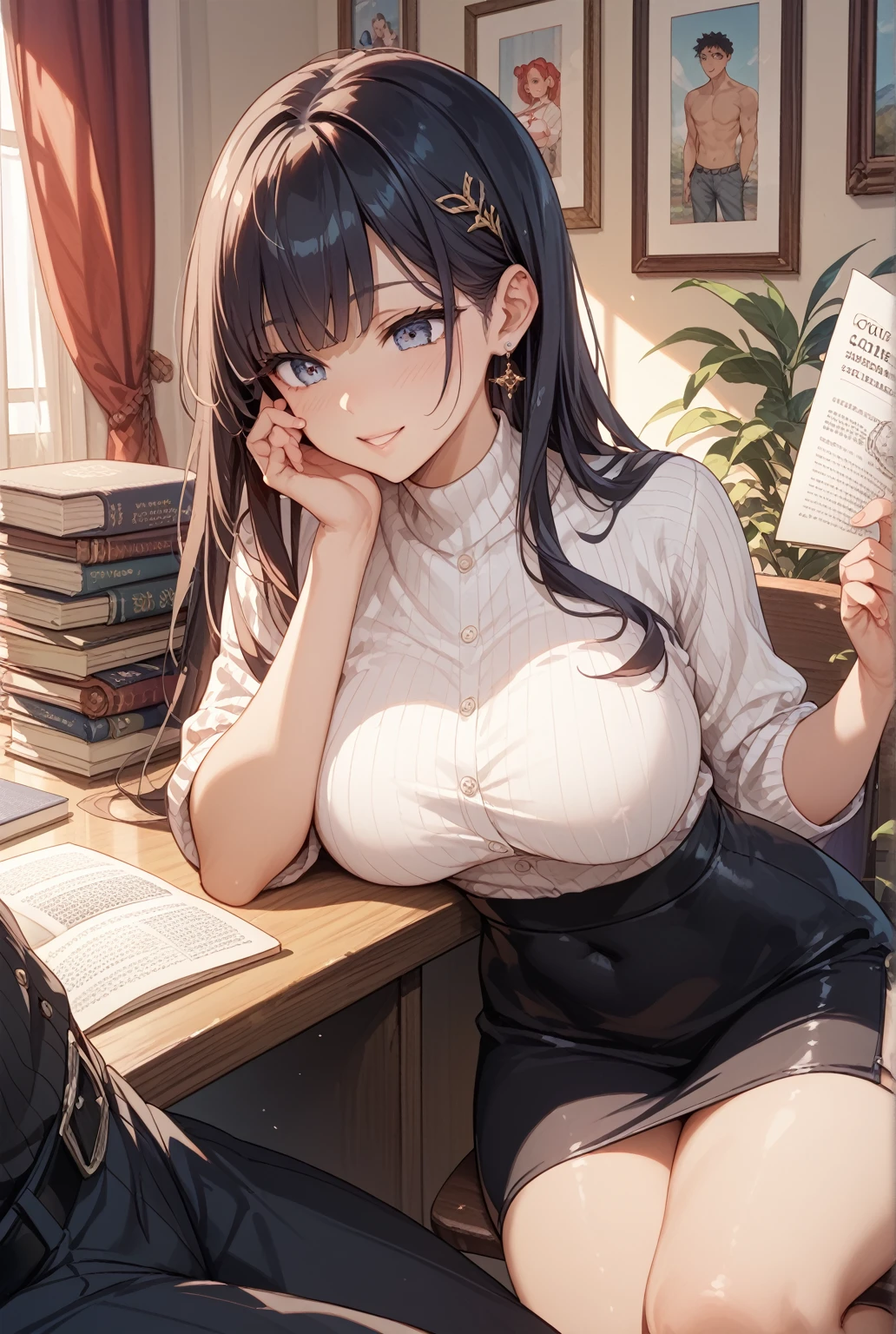 On the table, Highest quality, realism, About pubic hair, High resolution, 8k wallpaper, Perfect dynamic composition, Beautiful Eyes, Long Hair, full, Large Breasts, Casual and sexy pose,Chest to chest、(Tight sweater)、(Her breasts are protruding and exposed:1.2)、（Exposing the breasts）Laughter、Open your mouth、Resort scenery、Age 25、(Droopy Eyes 1.4)、Adult Beauty、Japanese，（that&#39;s a full body photo:1.6）