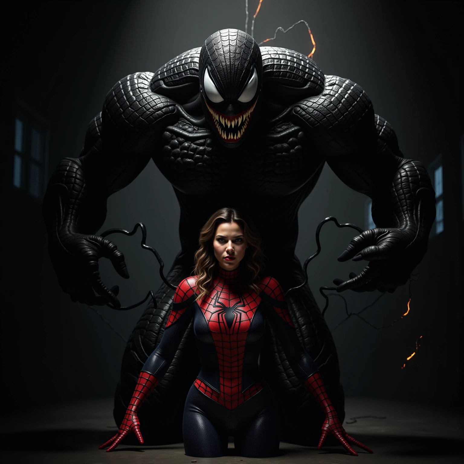 Venom symbiote very giant colossal attacking fighting with a woman with black hair and red costume, she angry, hanging while he screams. in a city with a somewhat destroyed environment, and some burning things, the afternoon. side view image