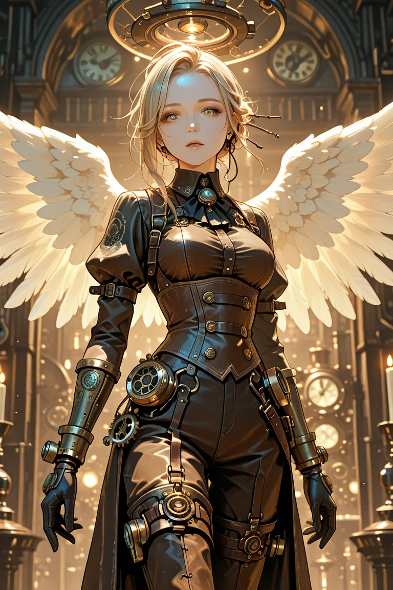 top-quality、masterpiece、超A high resolution、(Photorealsitic:1.4)、Raw photo、Steampunk Cyborg Angel、large wings made of metal、White porcelain body、Acrylic Clear Cover、white hair、glowy skin、1 steampunk girl、((super realistic details))、portlate、globalillumination、Shadow、octan render、8K、ultrasharp、character edge light,Colossal tits、Raw skin is exposed in cleavage、Details of complex ornaments、Sumerian details、Hydraulic cylinder、Small LED lamp、highly intricate detail、Realistic light、a purple eye、radiant eyes、Facing the camera、neon details、cowboy shot、Futuristic headgear、The background is a steampunk city、、
