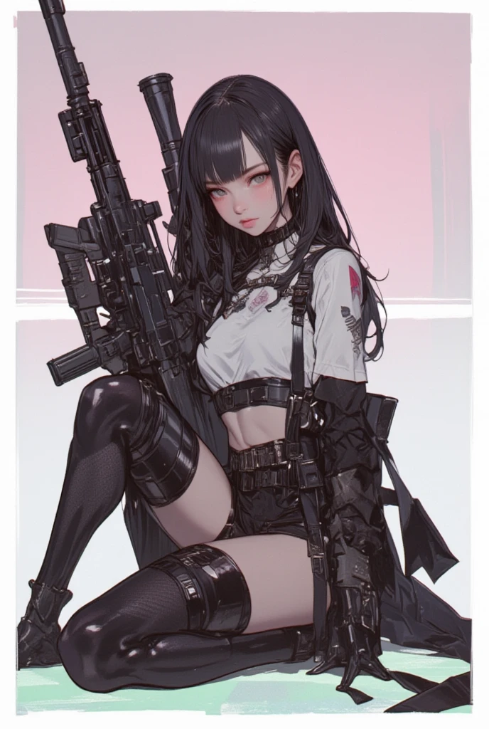 young girl, Long black hair in two ponytails, pink eyes, punk, leather jacket, Upskirt, open belly, open breasts, Masterpiece, hiquality