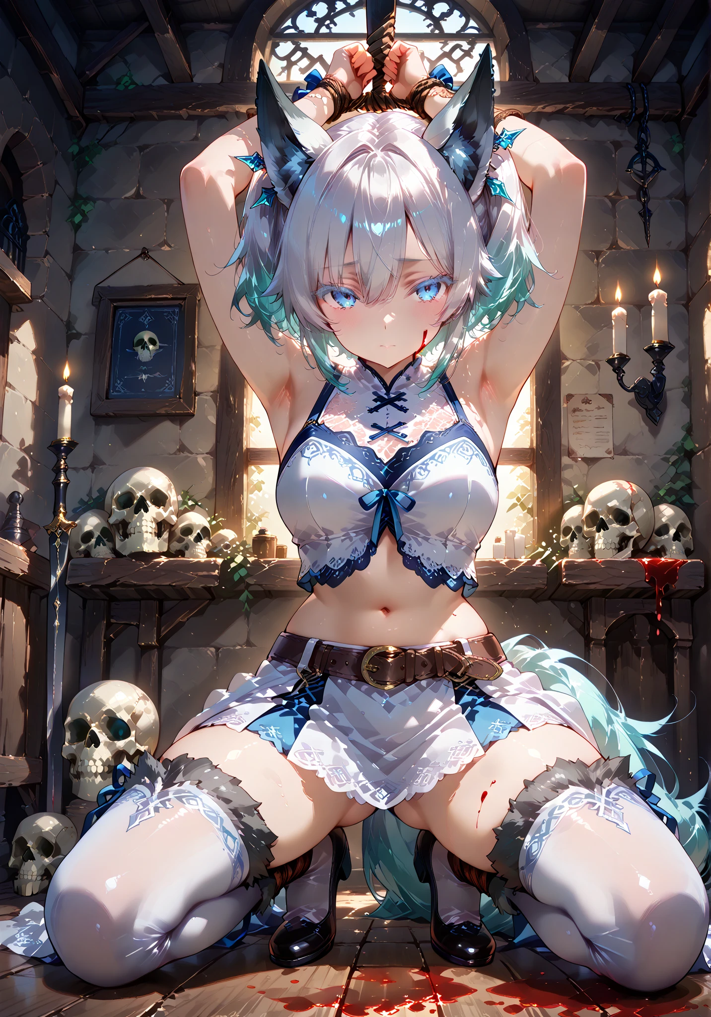 bandaged_leg, bandages, sarashi, bandaged_arm, naked_bandage, bandaged_neck, mummy_costume, breasts, navel, 1girl, bandaged_hand, looking_at_viewer, bandaid, long_hair, collarbone, bare_shoulders, huge_breasts, bandaged_head